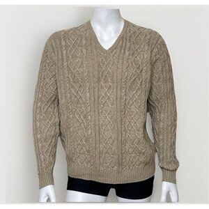 Tasso Elba Cable Knit Sweater Mens L Wheat 100% Cotton V Neck Heavy Pullover